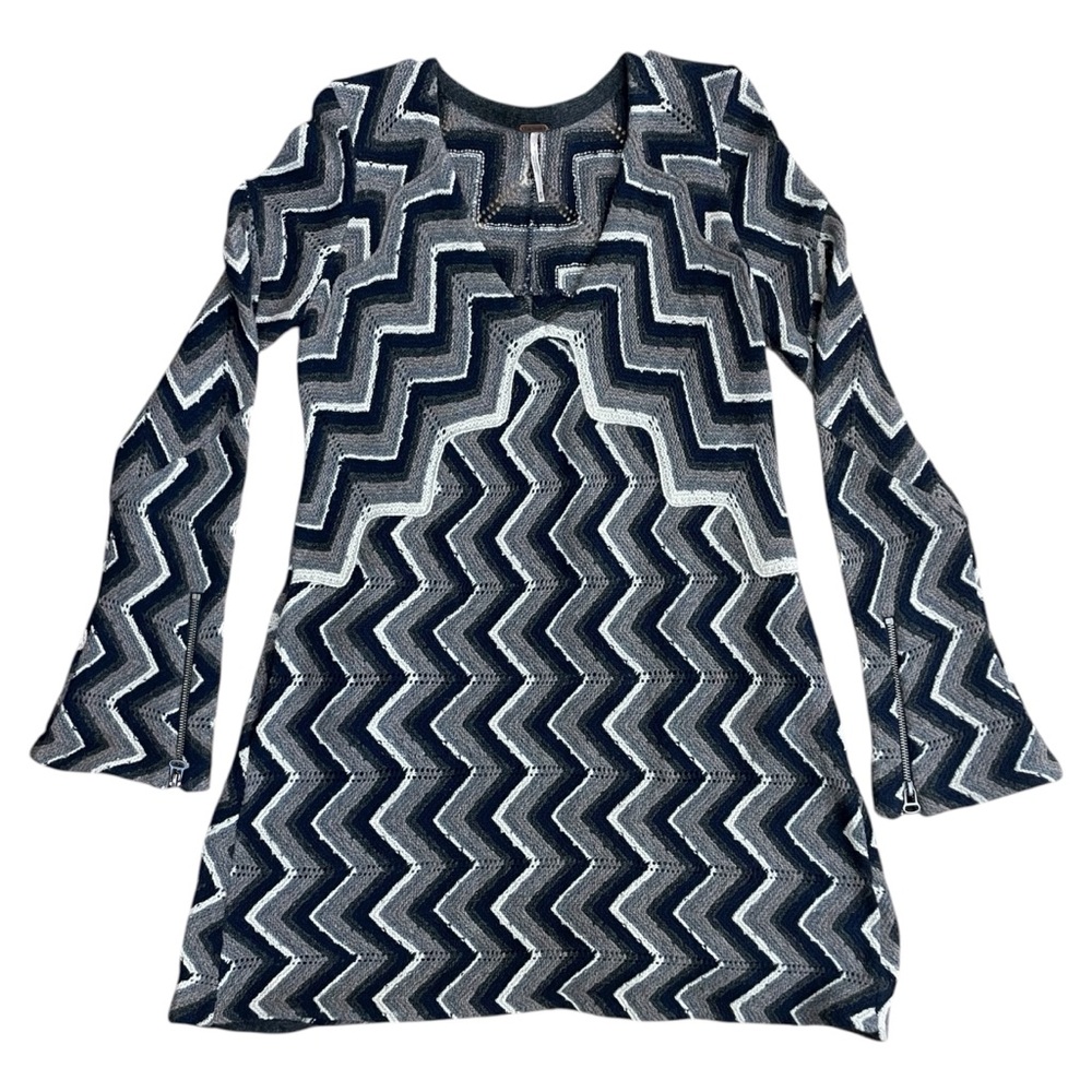Free People Boho Dress Wool Coastal Chevron XS Blue Retro Revival Quirky Max